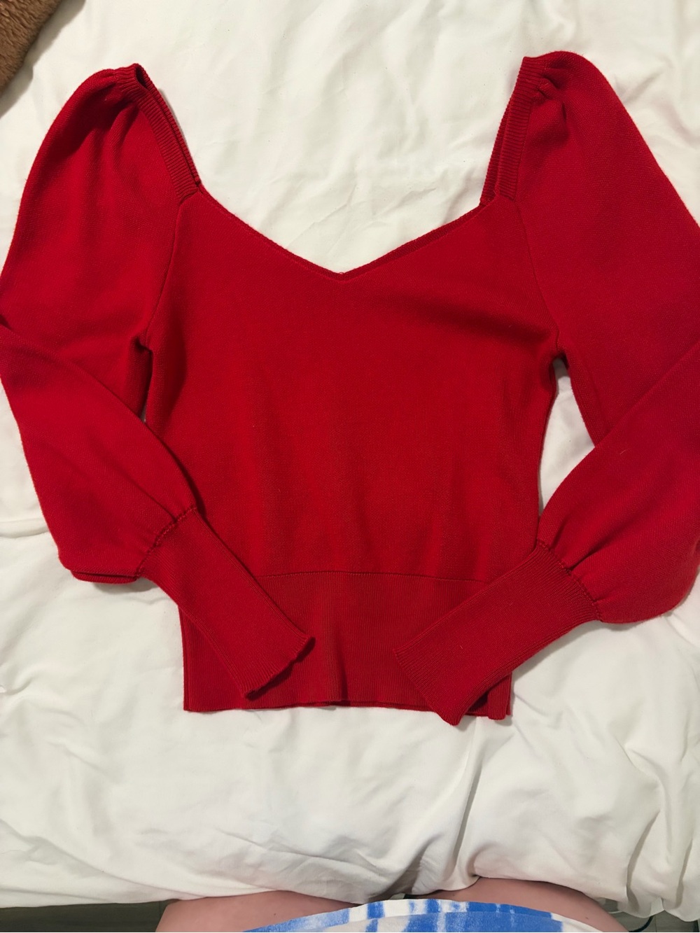 Anthropologie Red V-Neck Puff Sleeve Sweater